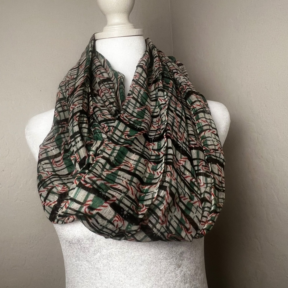 Mixit Womens Christmas Candy Cane Infinity Scarf Green Red Metallic Shimmer NWT